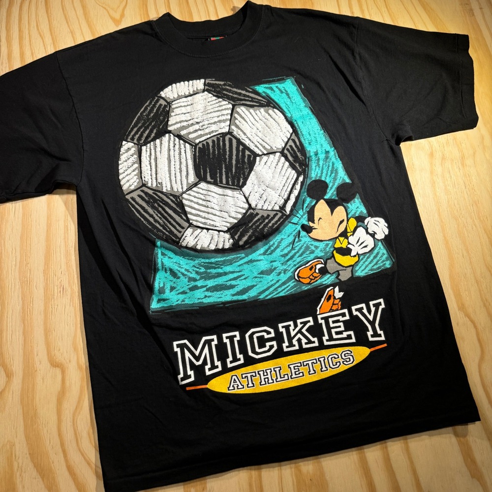 Vintage Mickey Unlimited Athletics Soccer T-Shirt Black Size XL Jem Sportswear